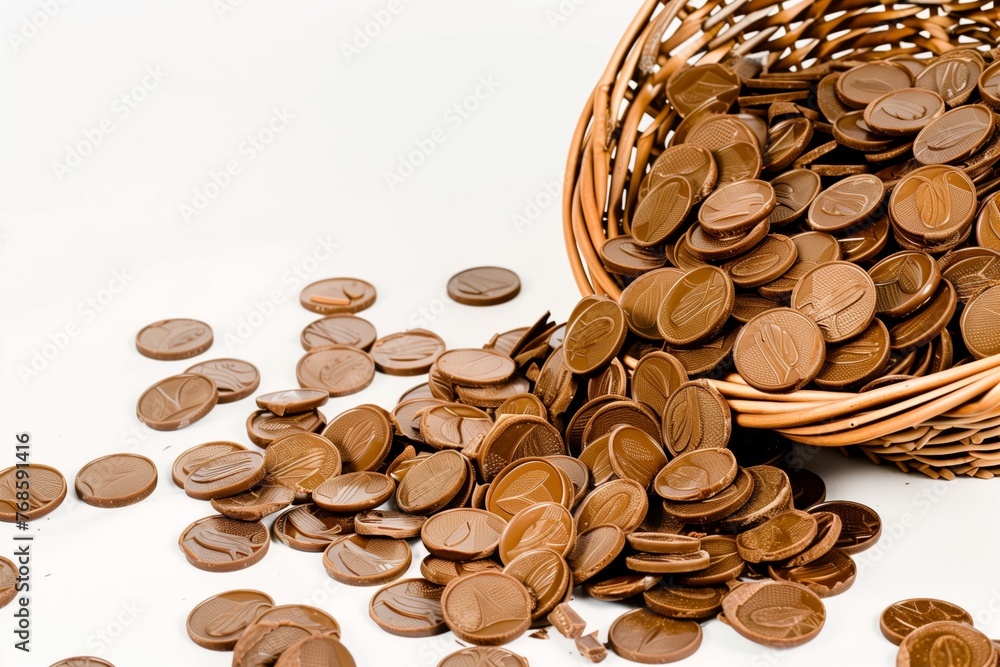 basket overflowing with chocolate coins on a white backdrop basket overflowing with chocolate coins on a white backdrop