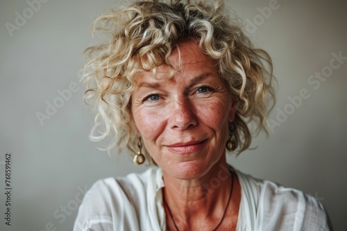 Portrait of a beautiful senior woman with curly blond hair looking at camera