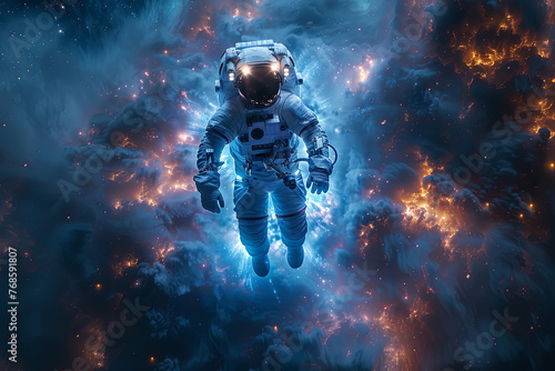 Astronaut in a spacesuit hovers in space