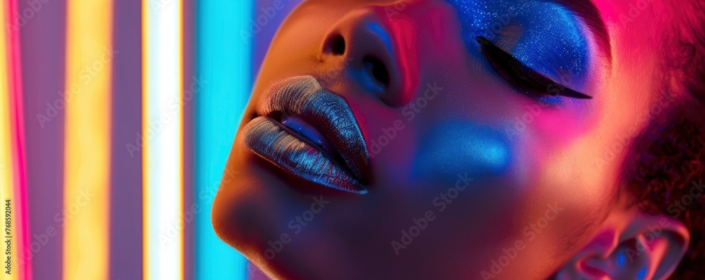 High fashion stunning beautiful woman model portrait with metallic silver lips and face, colorful bright neon uv lights, professional studio photo