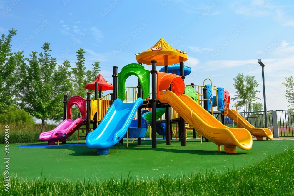 Fototapeta premium kids playground with colorful equipment on artificial turf base