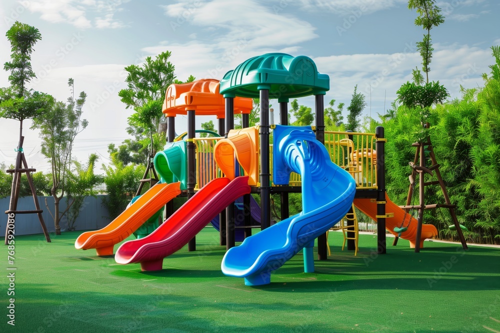 kids playground with colorful equipment on artificial turf base kids playground with colorful equipment on artificial turf base