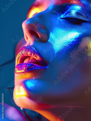 High fashion stunning beautiful woman model portrait with metallic silver lips and face, colorful bright neon uv lights, professional studio photo