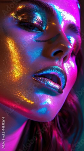 High fashion stunning beautiful woman portrait with metallic silver lips and face, colorful bright neon lights, professional studio photo