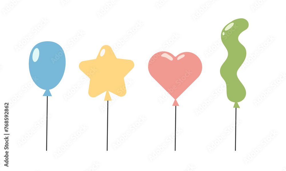Flat cartoon various shapes oval ,star , wave and heart ,red, green and blue balloon vector illustration on white background. Balloons for Birthday, festive occasions, parties, weddings. Festival