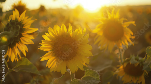 A detailed capture of a single sunflower s intricate patterns and textures  backlit by the radiant glow of a setting sun