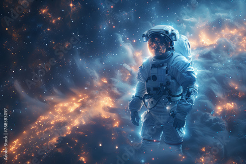 Astronaut man in a spacesuit stands in front of a cloud. Fire creating a sense of danger and adventure © Sunshine