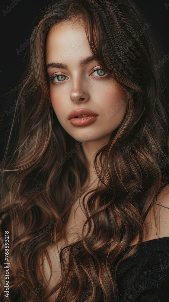 Stunning beautiful young caucasian brunette girl with long and shiny wavy hair, professional studio photo Stunning beautiful young caucasian brunette girl with long and shiny wavy hair, professional studio photo