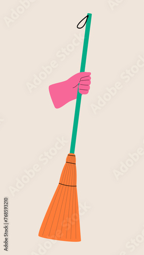 Human hand holding broom. Colorful vector illustration