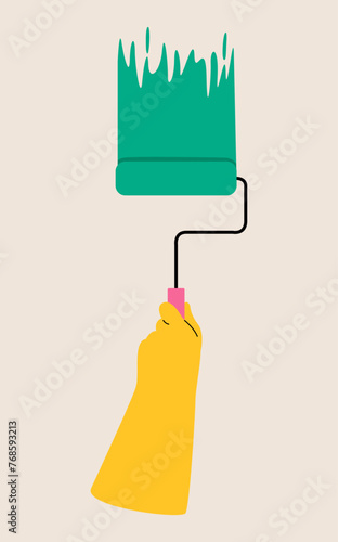 Human hand holding paint roller. Colorful vector illustration