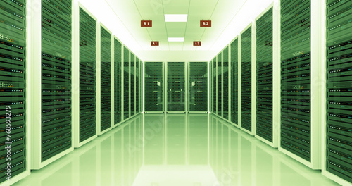 Network and data servers behind of glass panels. Computer racks all around. Artificial intelligence computers.