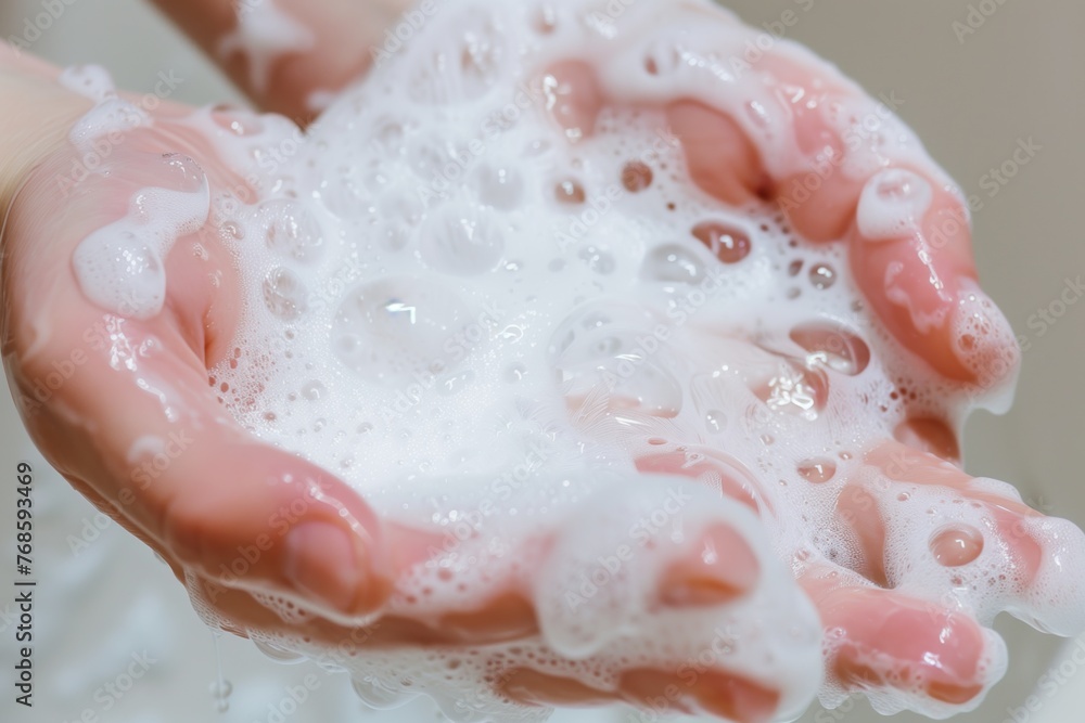 Fototapeta premium closeup of foaming hand wash on palms and fingers
