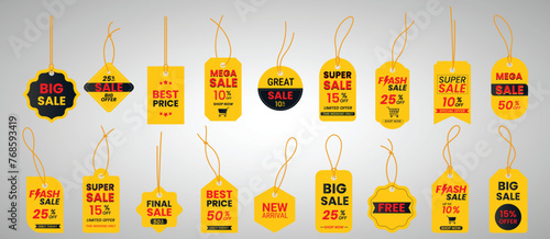 Set price tags or gift tags in different shapes.Set of labels with cord.Yellow discount label photo