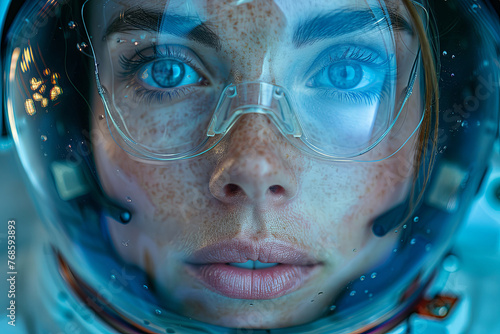 Astronaut is a woman in a blue space suit with blue eyes. She's wearing glasses