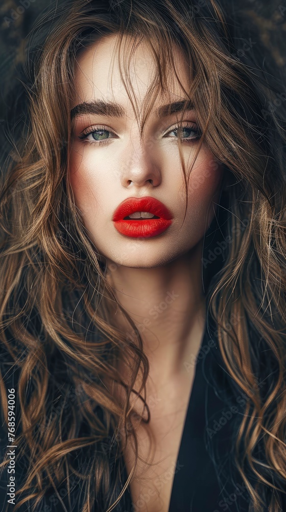 Fototapeta premium Stunning beautiful young caucasian girl with plump lips charming eyes and magnificent hair, professional studio fashion photo