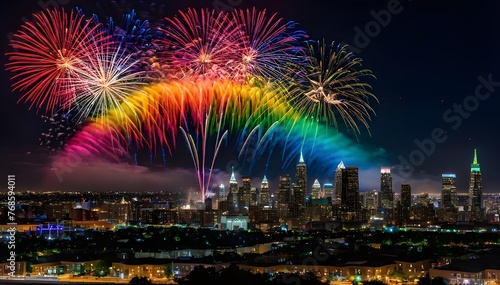 Rainbow fireworks over the night city © Irene Kulinchyk
