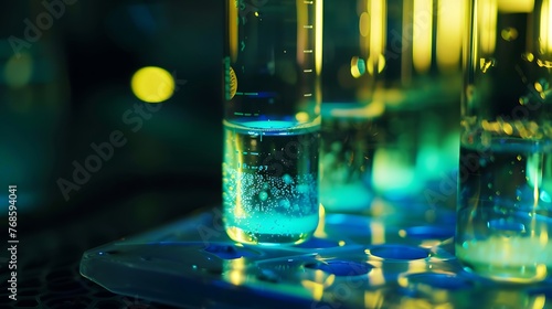 Close up of a glowing bioluminescent experiment exploring natural phenomena for biotech applications