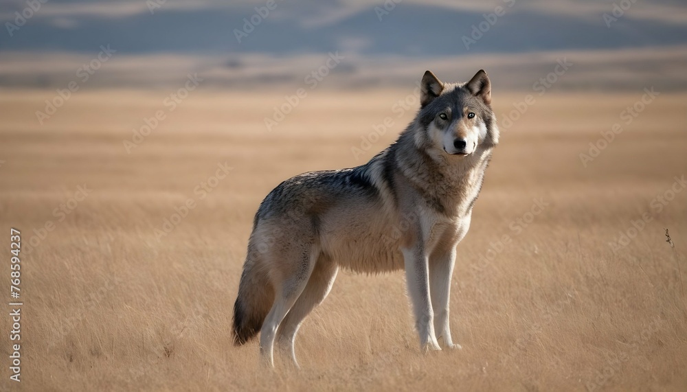 A lone wolf stands poised and alert, its majestic stature and keen eyes surveying the vast expanse before it. 