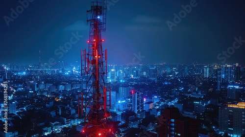 Telecommunication tower with red lamp on night city background. Connection internet network concept.