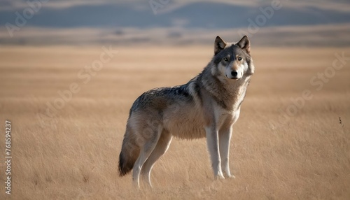A lone wolf stands poised and alert  its majestic stature and keen eyes surveying the vast expanse before it. 