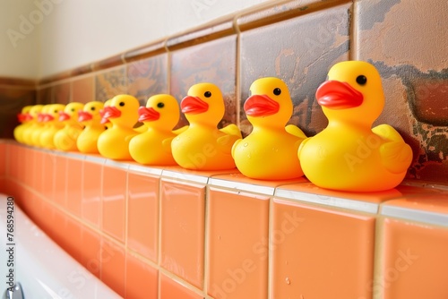 rubber ducks lined on an orangetiled bathtub edge photo