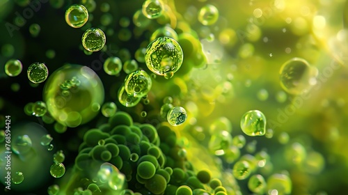 Close up of microscopic algae being studied for biofuel production with a focus on their lipid droplets under a light microscope