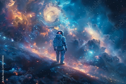 Astronaut in a space suit is walking on a planet in space. The planet is filled with colorful clouds and stars.