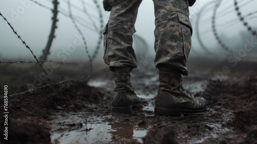 Closeup of the boots and pants of an soldier standing in mud  photo