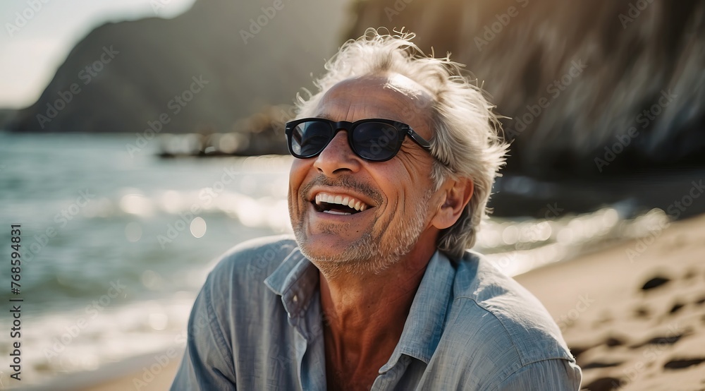 Laughing attractive mature senior man looking away in the coast Laughing attractive mature senior man looking away in the coast