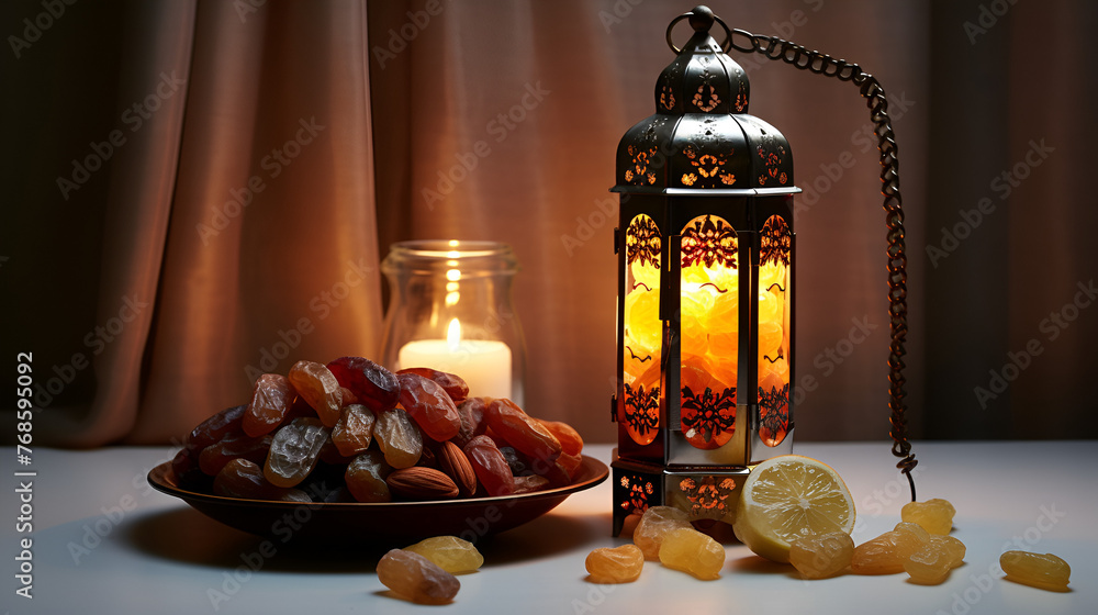 Ramadan Kareem and iftar Muslim holiday concept. Dried dates and lanterns with candles, Ramadan lantern with arabian lamp, dates fruit and sparkling golden. Concept of iftar
