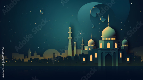 Festive islamic background Traditional arabic ornament, Silhouetted mosque against a dimly lit sky with Eid crescent Islamic Eid or Ramadan backdrop