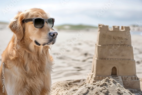 golden retriever in sunglasses near a sandcastle © Alfazet Chronicles