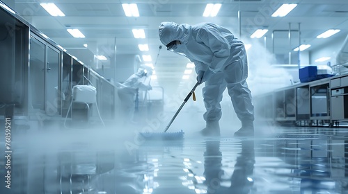 Realistic depiction of a technician using specialized cleaning tools to maintain the sterility of a cleanroom floor photo