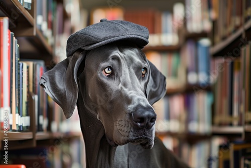 great dane in a cap, standing in a library aisle