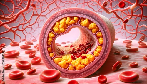 artery with substantial plaque buildup restricting blood flow, surrounded by a network of capillaries and red blood cells. 3d illustration.