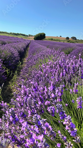 A vivid and clear image depicting rows of lush lavender with an expansive blue sky overhead