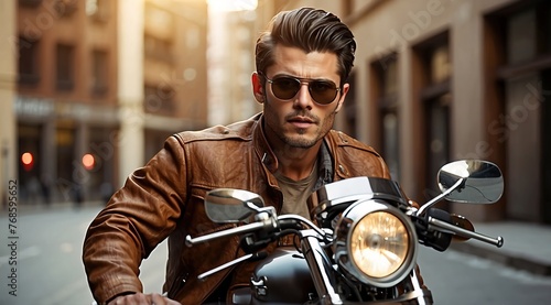 Atrractive handsome western man riding motorcycle