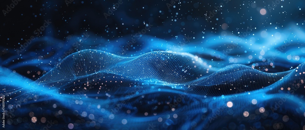 Obraz premium Wave of dots and weave lines. Abstract blue background for design on the topic of cyberspace, big data, metaverse, network security, data transfer on dark blue abstract cyberspace background