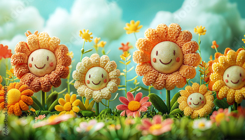3d Animation cartoon happy spring flowers smiling. Animated background colorful spring flowers. Colorful summer garden with sunlight shining.
