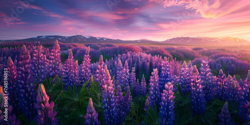 A panoramic scene displaying a vast field of lupine flowers under the vibrant hues of a sunset sky photo
