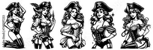 pin-up pirate girls, adventurous and charming, black vector illustration © Cris