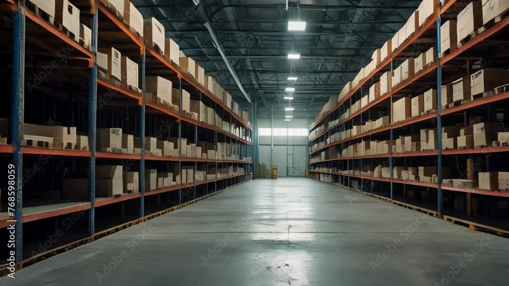 Spacious industrial warehouse aisle with shelving and stored boxes Spacious industrial warehouse aisle with shelving and stored boxes