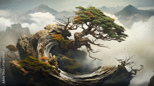 Wind sculpted tree on hillside epitomizes the essence of untamed and wild nature