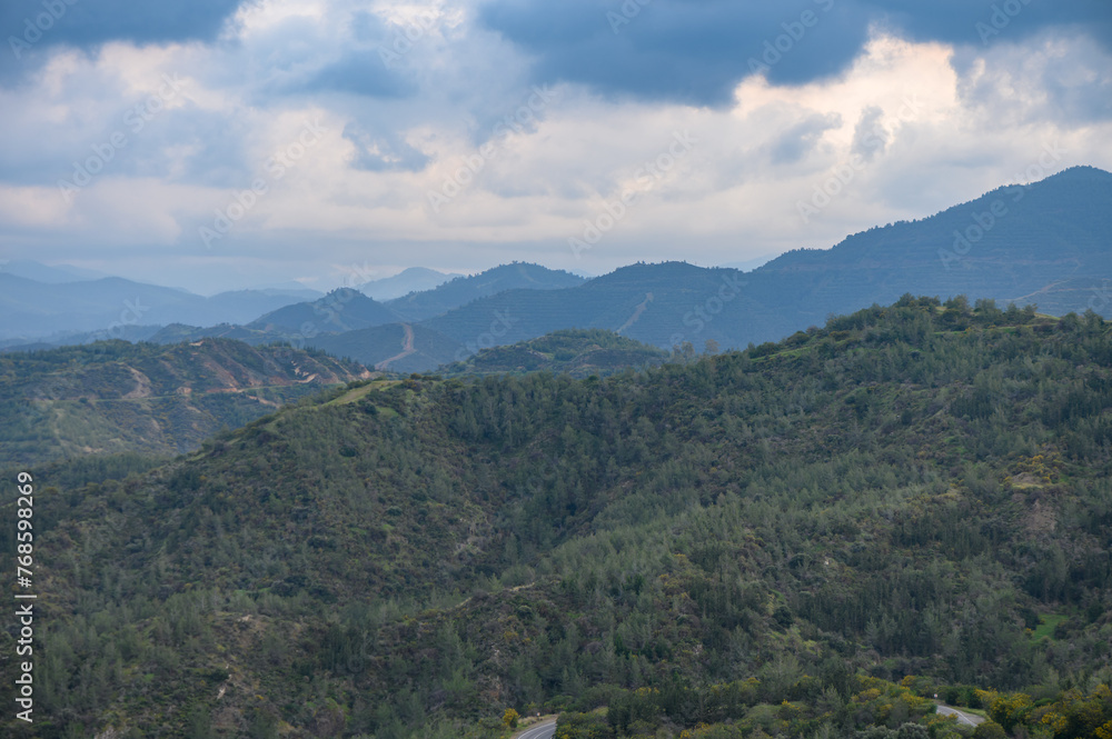 Panoramic top view of Troodos mountains range, Cyprus