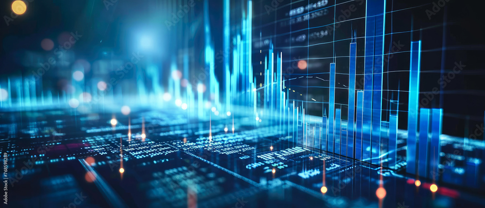 Obraz premium Abstract neon futuristic background for financial market, economic or business, investment trade. Finance, currencies, cryptocurrency mockup. Digital banner. Data analytics. Generative aiAbstract neon