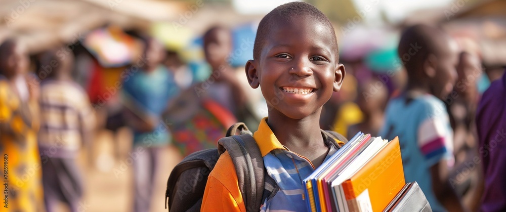 Happy young African boy standing in the school yard, holding books and smiling at camera with crowd of children behind him.