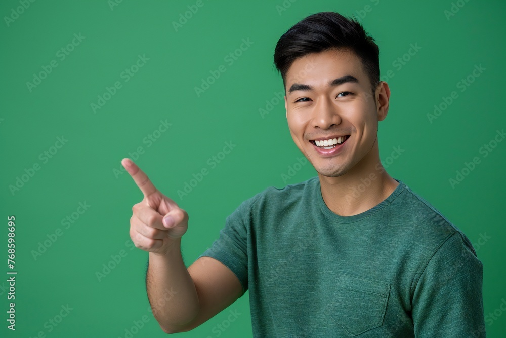 asian american male person with toothy smile on face pointing with index finger on empty space over green background. Handsome young guy indicating place for advertising text in studio asian american male person with toothy smile on face pointing with index finger on empty space over green background. Handsome young guy indicating place for advertising text in studio