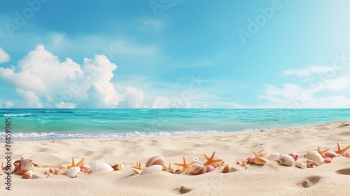 Tranquil coastal beauty seashells on sandy beach, serene shoreline view travel inspiration