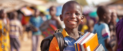 Happy young African boy standing in the school yard, holding books and smiling at camera with crowd of children behind him.