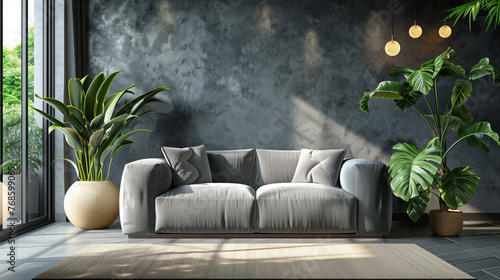 Minimalist modern living room, grey theme room photo